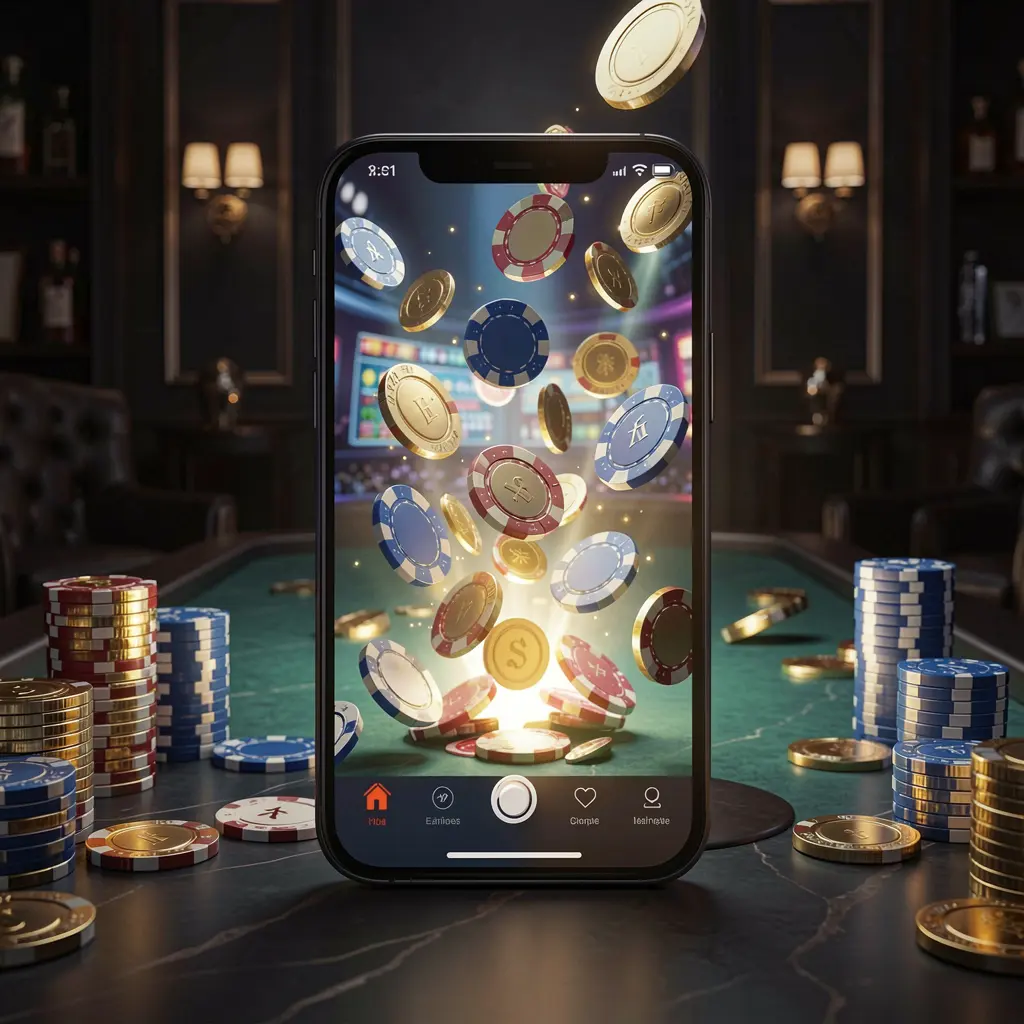 SG99 online gaming app displayed on a smartphone screen with glowing casino chips and coins emerging against a luxury dark background with cinematic lighting