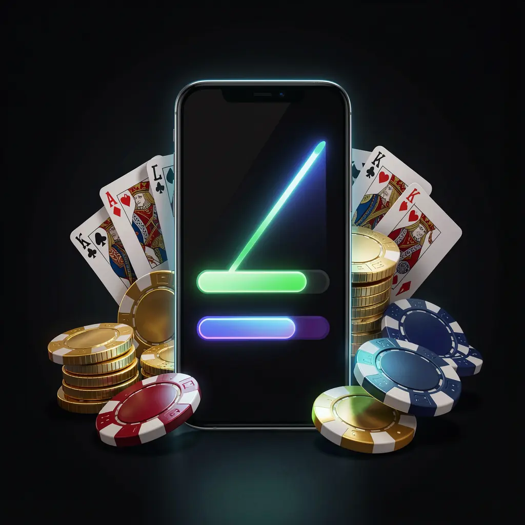 SG99 casino app installation visual showing a smartphone with a glowing progress bar surrounded by coins, chips, and playing cards on a dark background