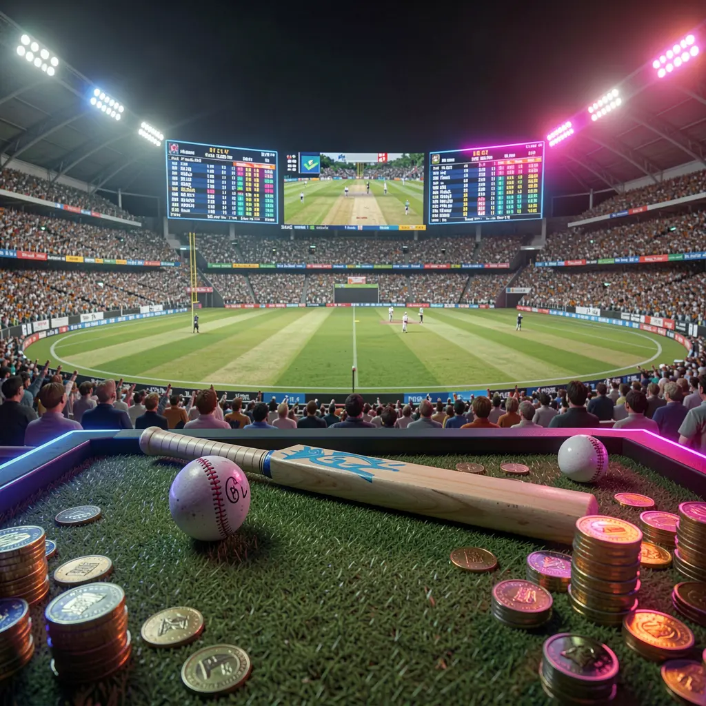 SG99 cricket sportsbook scene with a packed cricket stadium, green field, bat and ball, digital live odds panels, coins, and neon lighting in a cinematic 3D render