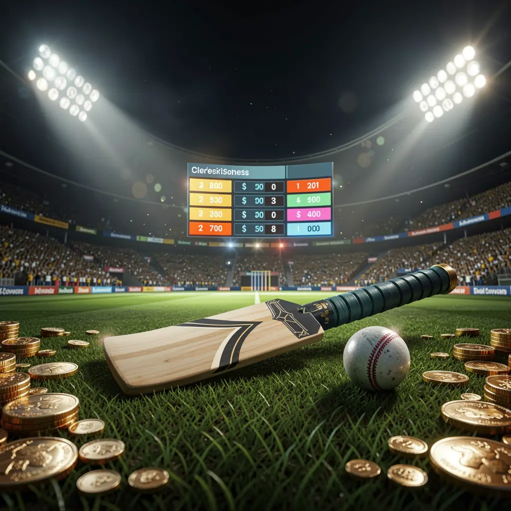SG99 cricket betting page hero banner featuring a cricket stadium at night with bright floodlights, a cricket bat and ball on a green pitch, glowing odds panels, and golden coins in a premium dark cinematic 3D render atmosphere