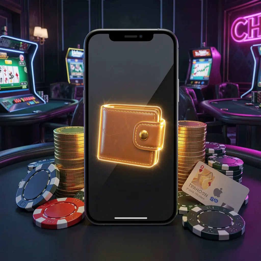 SG99 online casino deposit bonus concept featuring a smartphone screen with a glowing wallet icon surrounded by stacks of golden coins, poker chips, and bank cards on a dark luxury background with neon highlights in a realistic 3D style