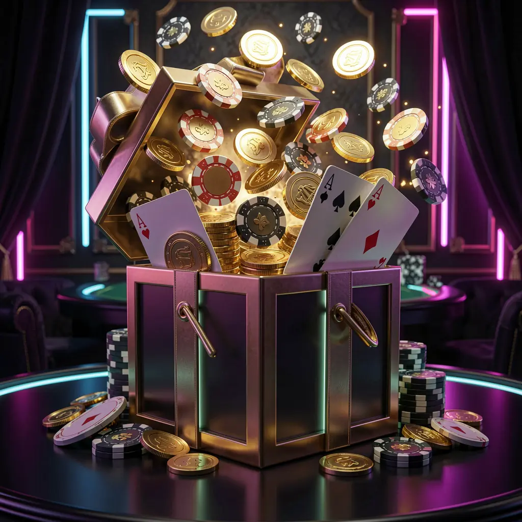 SG99 online casino bonus gift box exploding with golden coins, poker chips, and playing cards on a dark luxury background with glowing neon accents