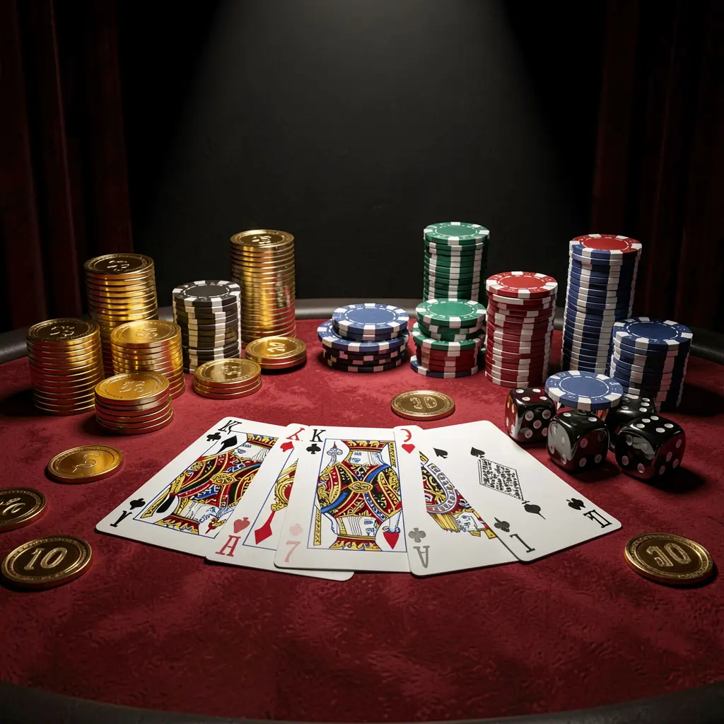 SG99 casino table featuring a royal flush of cards, poker chips, golden coins, and dice on a luxury black and red background with dramatic spotlight in a realistic 3D render SG99 casino table featuring a royal flush of cards, poker chips, golden coins, and dice on a luxury black and red background with dramatic spotlight in a realistic 3D render