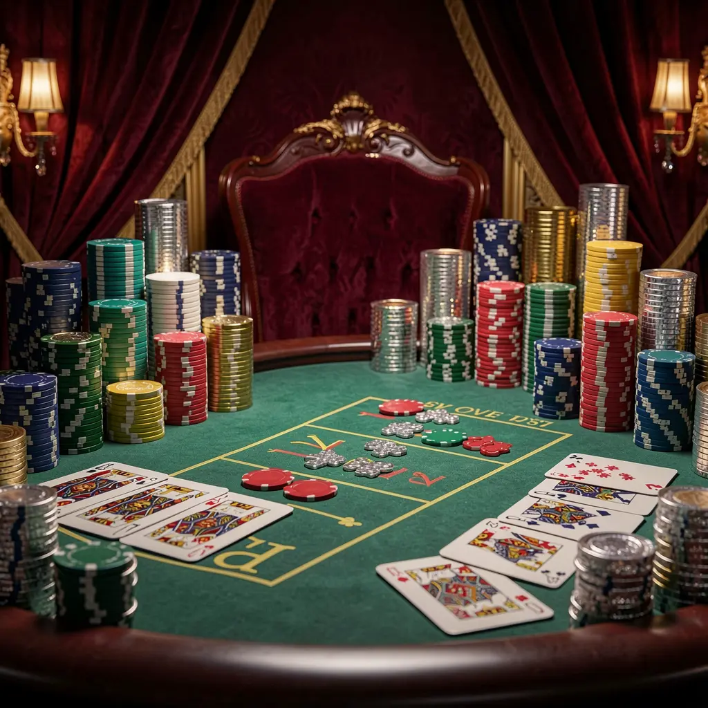 SG99 luxury casino atmosphere featuring a blackjack table with poker cards, stacks of chips, and sparkling coins against a dark red and gold background in a cinematic realistic render SG99 luxury casino atmosphere featuring a blackjack table with poker cards, stacks of chips, and sparkling coins against a dark red and gold background in a cinematic realistic render