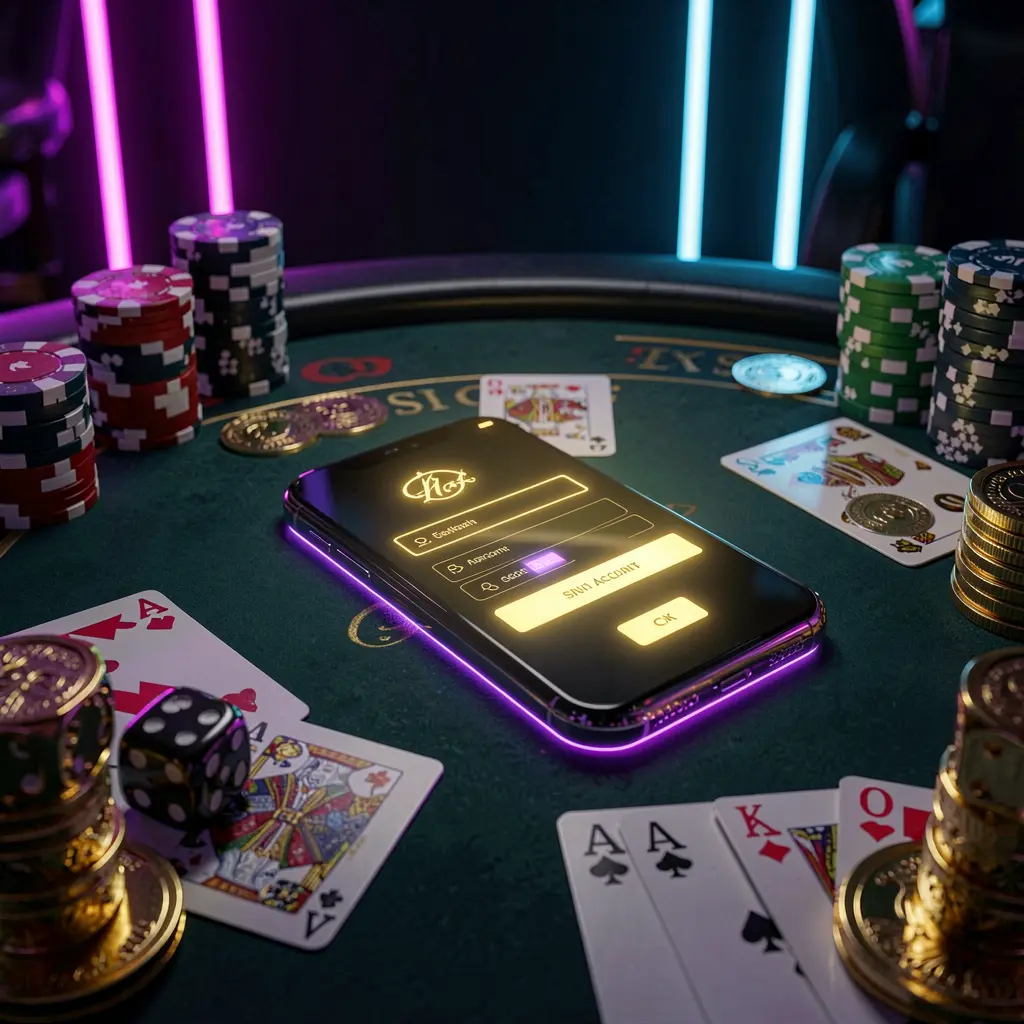 SG99 casino account sign in scene with a glowing smartphone on a casino table surrounded by cards, chips, dice, and gold coins, set against an elegant dark background with neon highlights in a realistic 3D render SG99 casino account sign in scene with a glowing smartphone on a casino table surrounded by cards, chips, dice, and gold coins, set against an elegant dark background with neon highlights in a realistic 3D render
