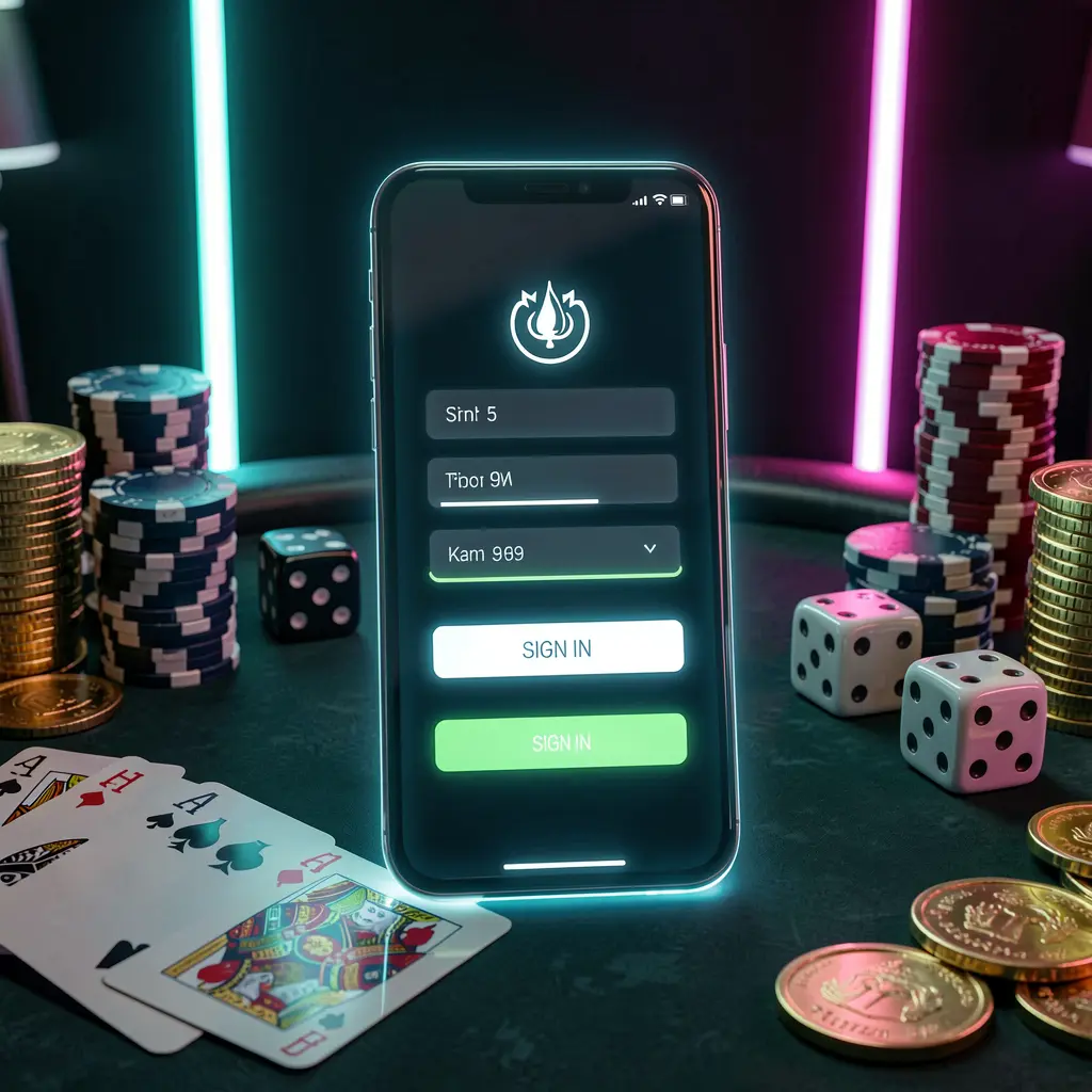 SG99 casino account sign in scene with a glowing smartphone on a casino table surrounded by cards, chips, dice, and gold coins, set against an elegant dark background with neon highlights in a realistic 3D render SG99 casino account sign in scene with a glowing smartphone on a casino table surrounded by cards, chips, dice, and gold coins, set against an elegant dark background with neon highlights in a realistic 3D render